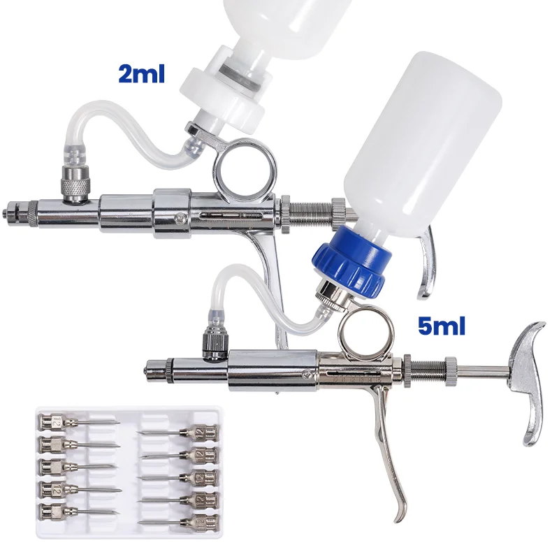 Veterinary Continuous Syringe 2ml 5ml Adjustable Automatic Vaccine Injector with Bottles Stainless Steel Animal Injection Gun