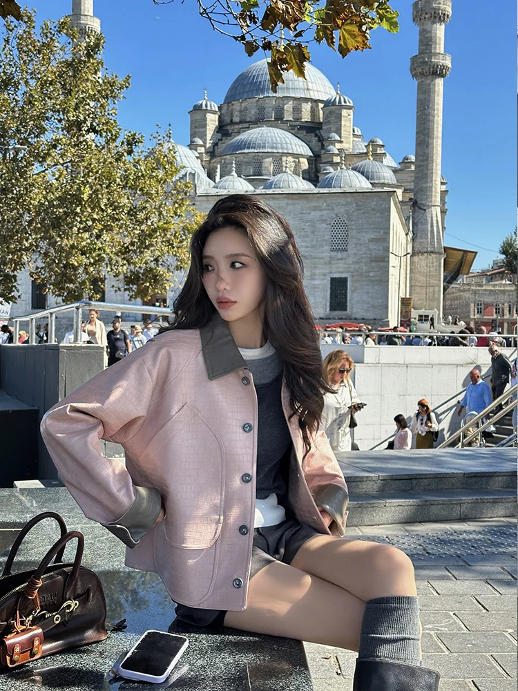 Giacca in pelle con motivo alligatore rosa ZQ Ziqing Dust e Rose ey, nuovo design da donna, con colletto a contrasto, cappotto corto