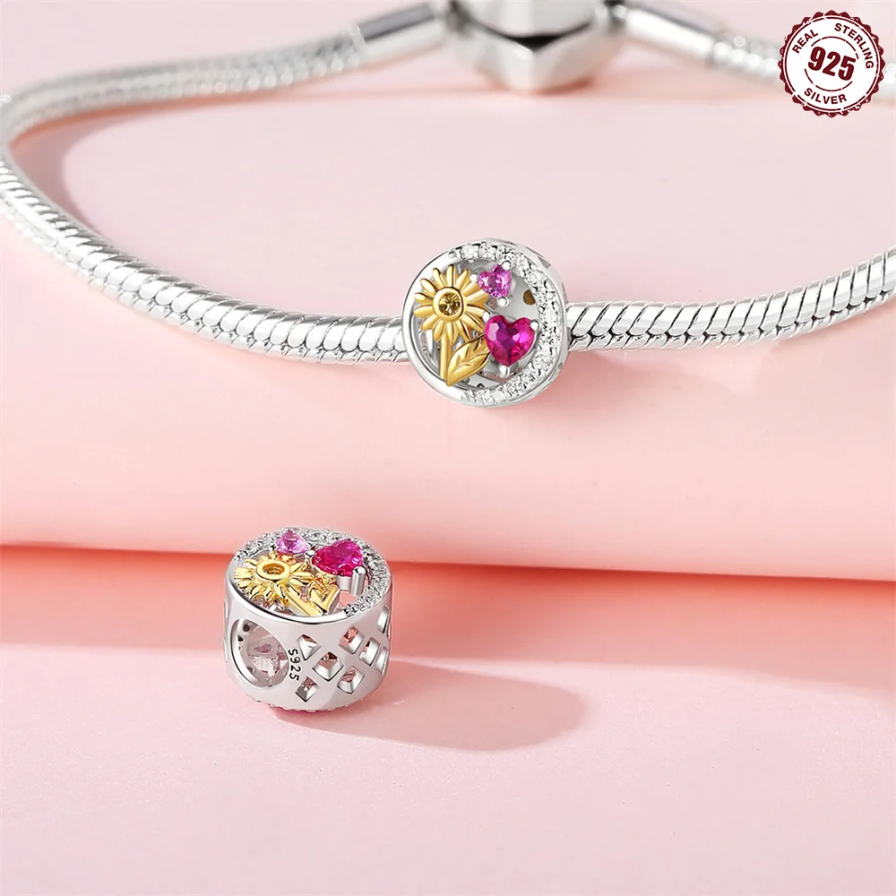 الخرز 925 فضة سحر الأصلي الذهبي عباد الشمس نبات الخرز صالح سوار مجوهرات Diy بها بنفسك النساء غرامة هدية الإكسسوار #3