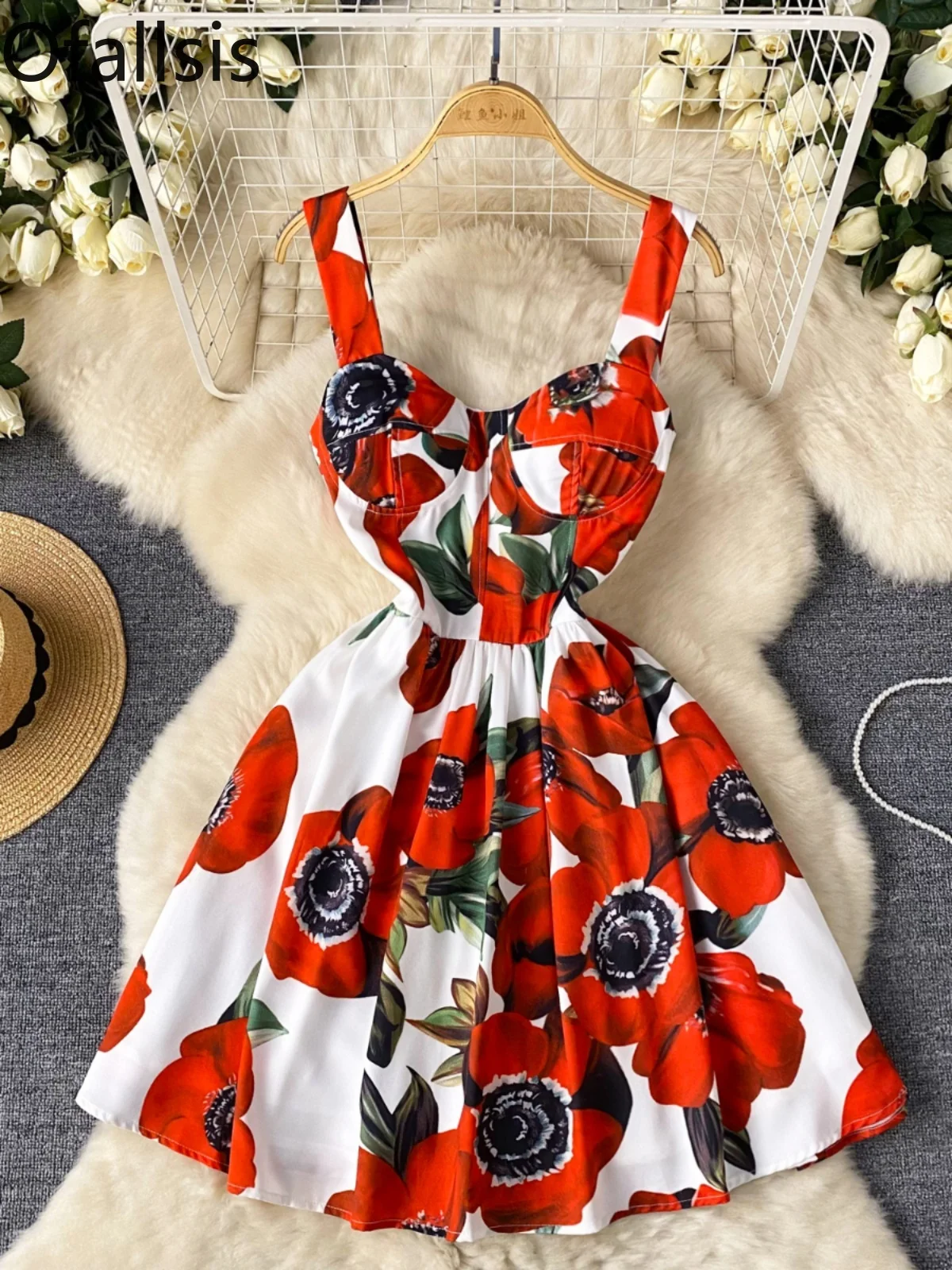 Ofallsis Celebrity Light Luxury Floral Printed Evening Dress 2024 Summer New French Vintage Elegant Print Waist Strap Dresses