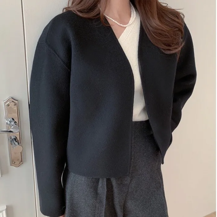 

Шикарное осенне-зимнее матовое ленивое Sle V-Ne, свободное универсальное шерстяное пальто для женщин, корейское Sle Long Sve Pure Color