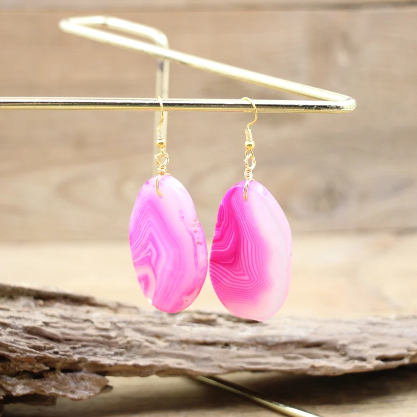Colourful Agates Slice Hook Earrings Irregular Raw Stone Slab Dangle Reiki Eardrop Women Party Wedding Summer Jewelry QC7020