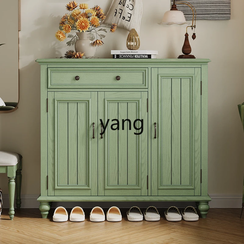 

LH retro all-solid wood shoe cabinet entry door storage three-door multi-layer entrance cabinet