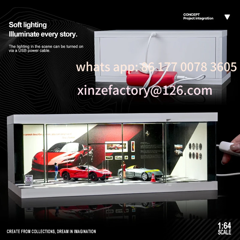 Customizable 1/64 Auto Shop Miniature Scene Model Simulation Parking Lot with Lights Garage Storage Display Box