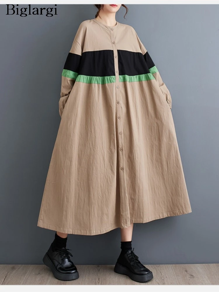 

Oversized Autumn Patchwork Shirts Dress Women Loose Ruffle Pleated Fashion Ladies Dresses Long Sleeve Casual Woman A-Line Dress