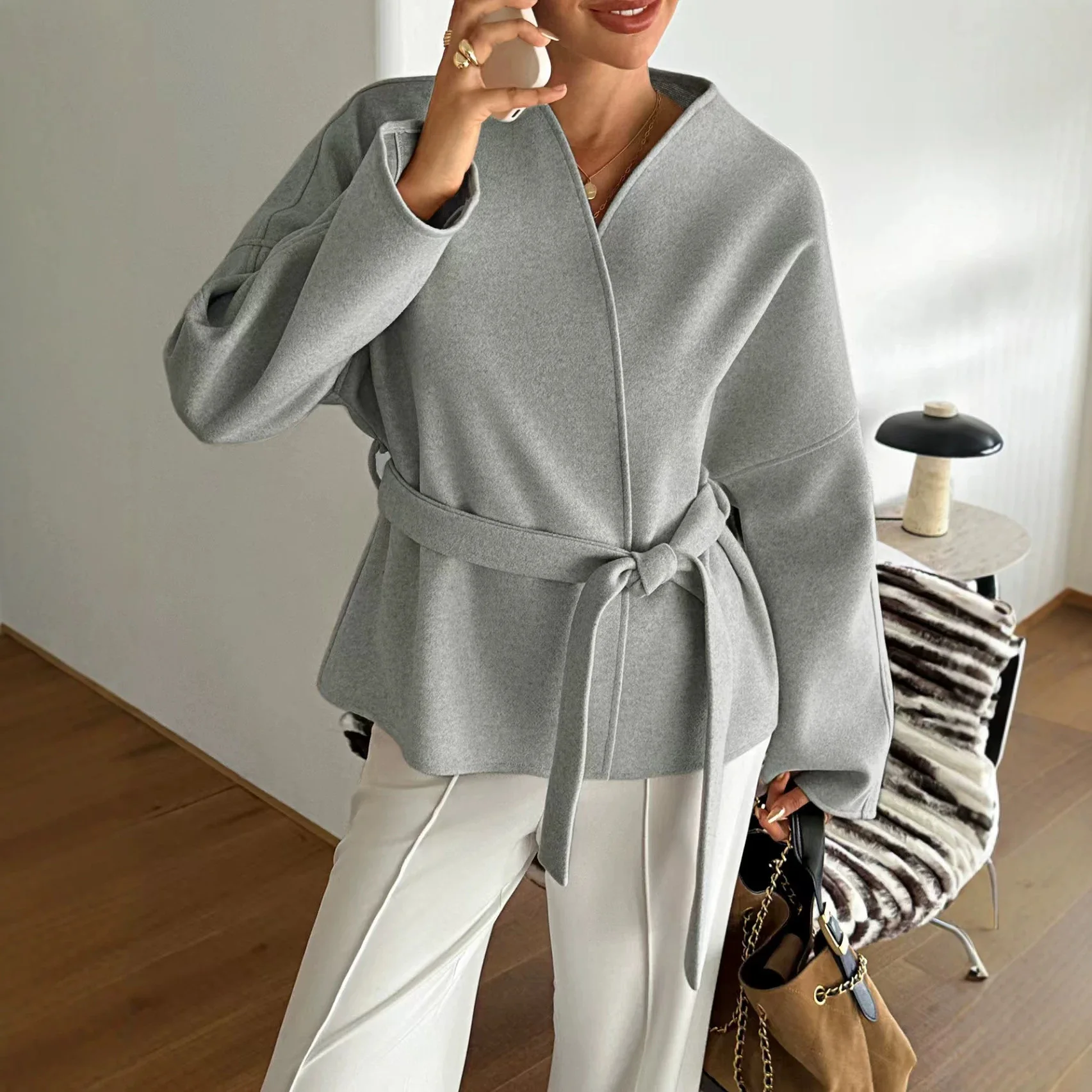 Lazy Style Wool Coat Women Short Belted Collarless Jacket Autumn Winter Loose Fit Double Faced Solid Color Streetwear Outerwear