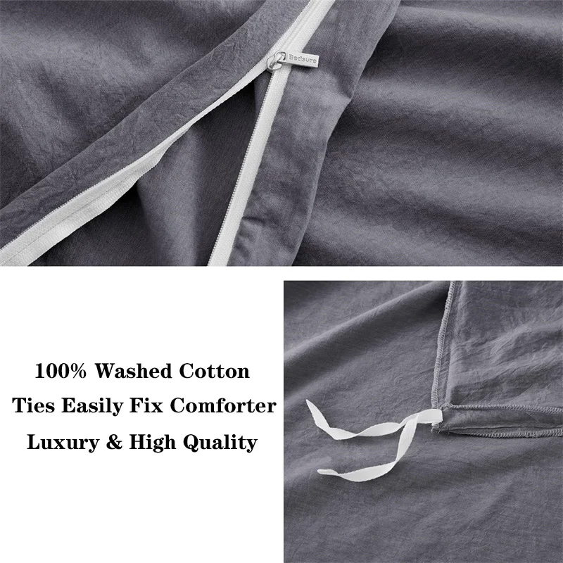 Washed Cotton 3pcs Bedding Set Solid Color Duvet Cover Set with Pillowcase Soft Breathable Comforter Cover for Bedroom Boy Girl