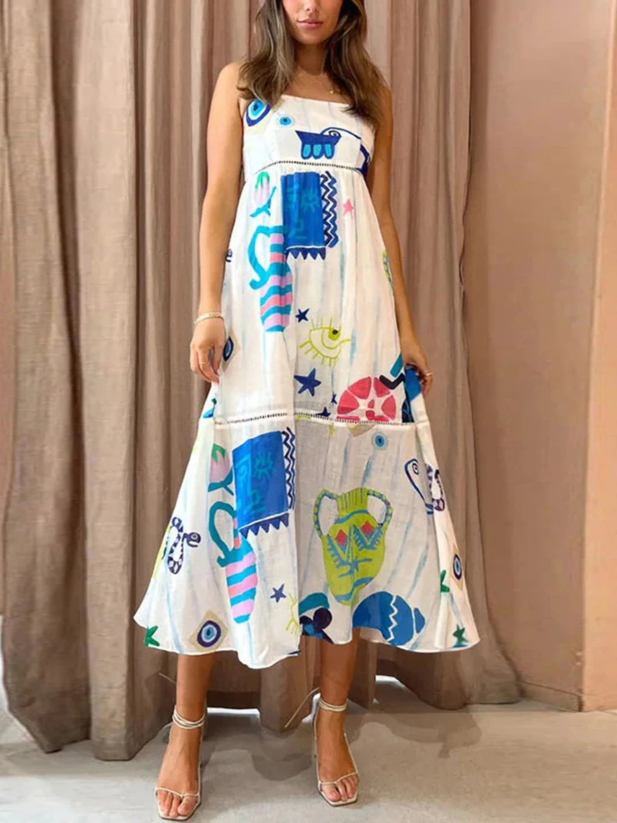 

Women Summer Slip Dress Maxi Cute Cartoon Prints Spaghetti Straps Backless Long A-line Swing Dresses for Beach Vacation Party