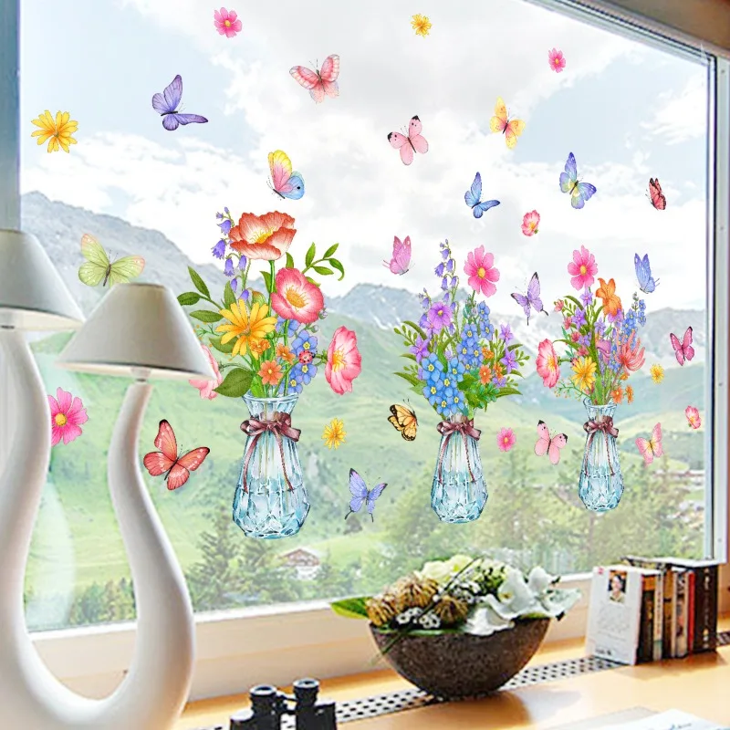 3pcs Plant Flower Vase Wall Sticker Double-sided Visual Glass Window Decoration Static Sticker Window Glass Sticker