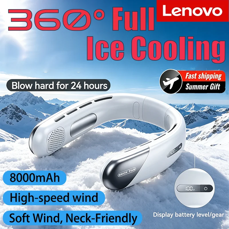 Lenovo Ultra Hanging Neck Fan 5 speed Rechargeable Semiconductor Refrigeration Leafless Fan Portable Neck Air Conditioner 2026