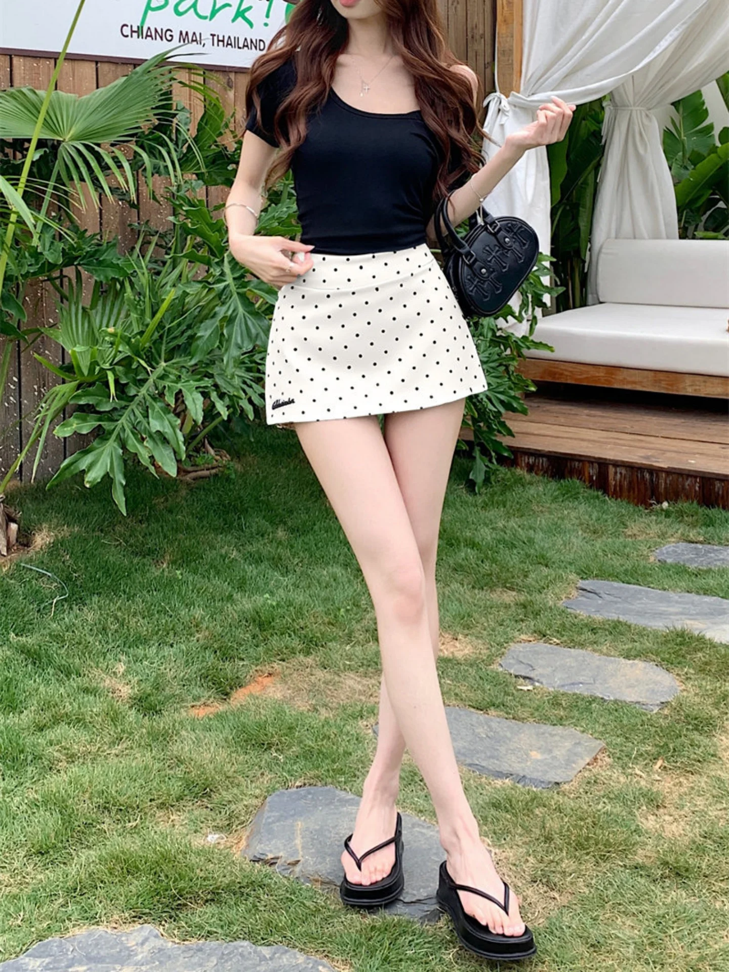 Summer Casual Polka Dot Print Halter Neck Short Dress Women's plus Size A-Line  Skirt Casual Versatile High Waist Design