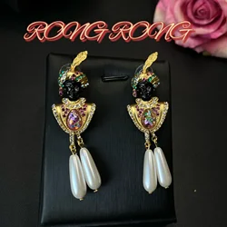 Vintage Indian Chieftain Black Man Pearl Earrings Western Retro Exotic Earrings