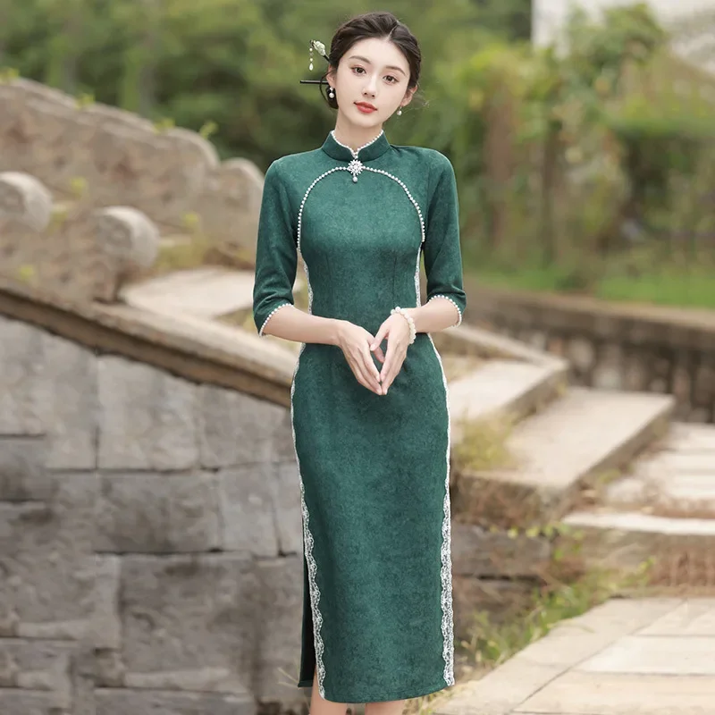 

Осень-зима, старый Шанхай, длинный стиль, улучшенный Cheongsam, 2025, новый стиль, Ципао для молодых женщин в стиле ретро со средним длинным рукавом