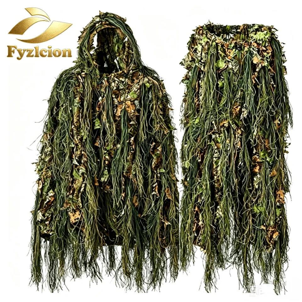 Fyzlcion 3D Bionic Ghillie Suit Full Set Hooded Poncho Cloak + Camo Pants Grass Leaf Camouflage Outfit for Hunting Airsoft Wildl