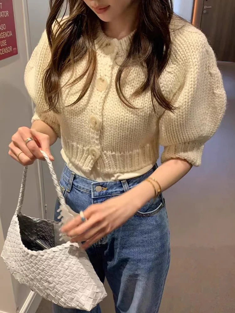 

Soft ort Bubble Sve Knitted Sweater Women's Spring Summer New Sle Single Button Ele Open Cardigan Top