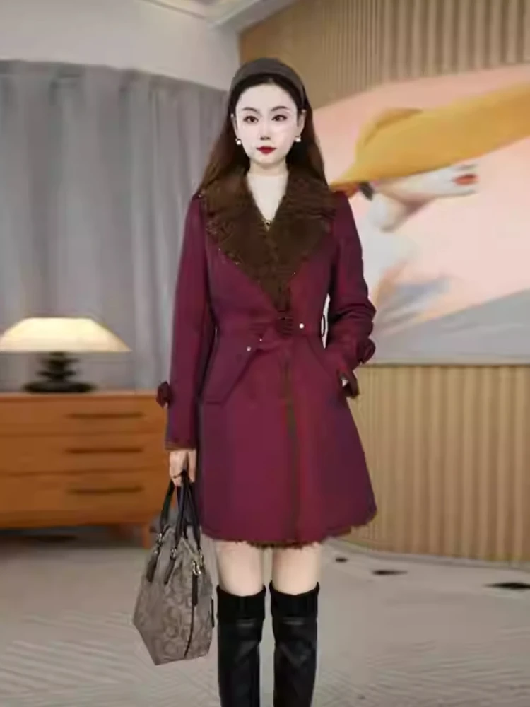 

Ele Woolen Coat Women's Double-Breasted Belted Suit Collar Winter Warm Faion Outerwear Commute Sle Long Sve Midi Coat