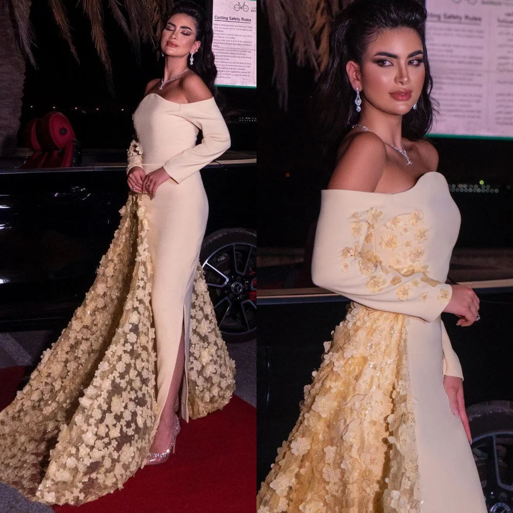 

Fashion Off-the-shoulder Sheath Sweep/Brush Celebrity Dresses Flower Satin Formal Occasion Gown vestidos de fiesta فستان سهرة نس