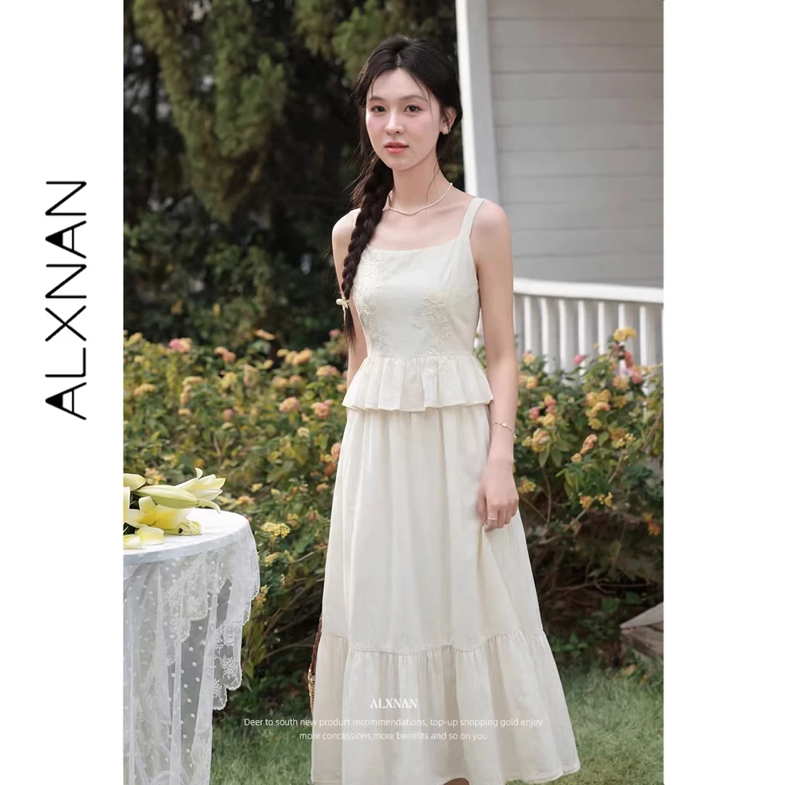 

ALXNAN Women Summer Sundress Embroidered Two-Piece Sleeveless Dress Cotton 100% Holiday Party Suspender Dress Ladies DYL6625620