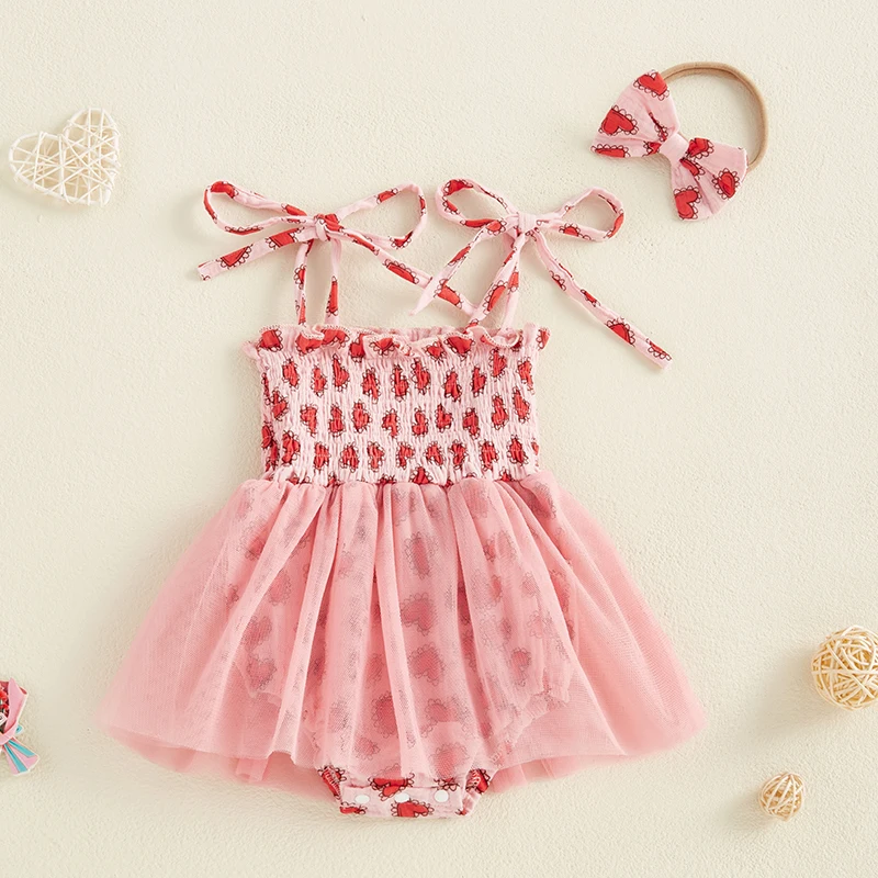 

Infant Girls Valentine s Day Rompers with Heart Print Sleeveless Design Mesh Skirt Hem Bodysuits and Matching Headband