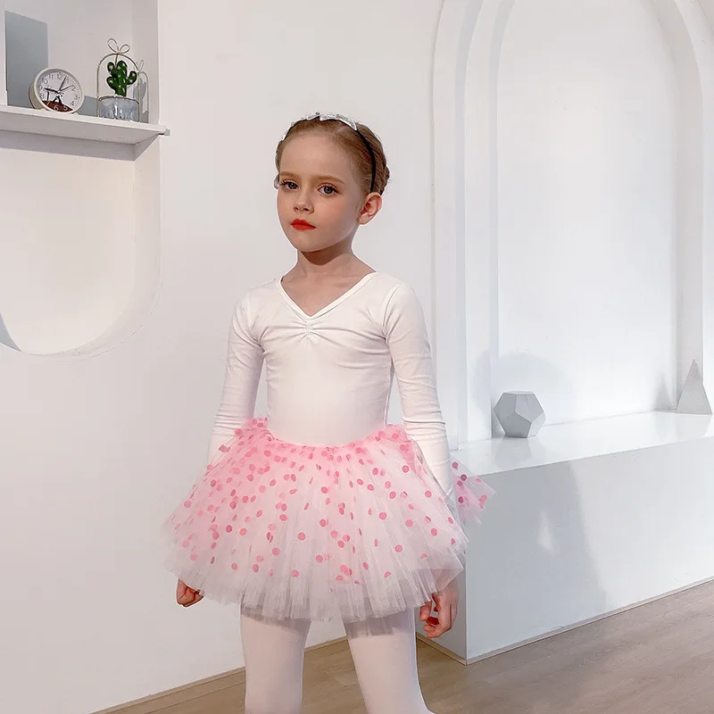 Falda de gasa blanca con puntos rosas para niñas, vestido de Ballet, Ropa de baile para niños, ropa de entrenamiento de algodón de manga larga, Otoño e Invierno