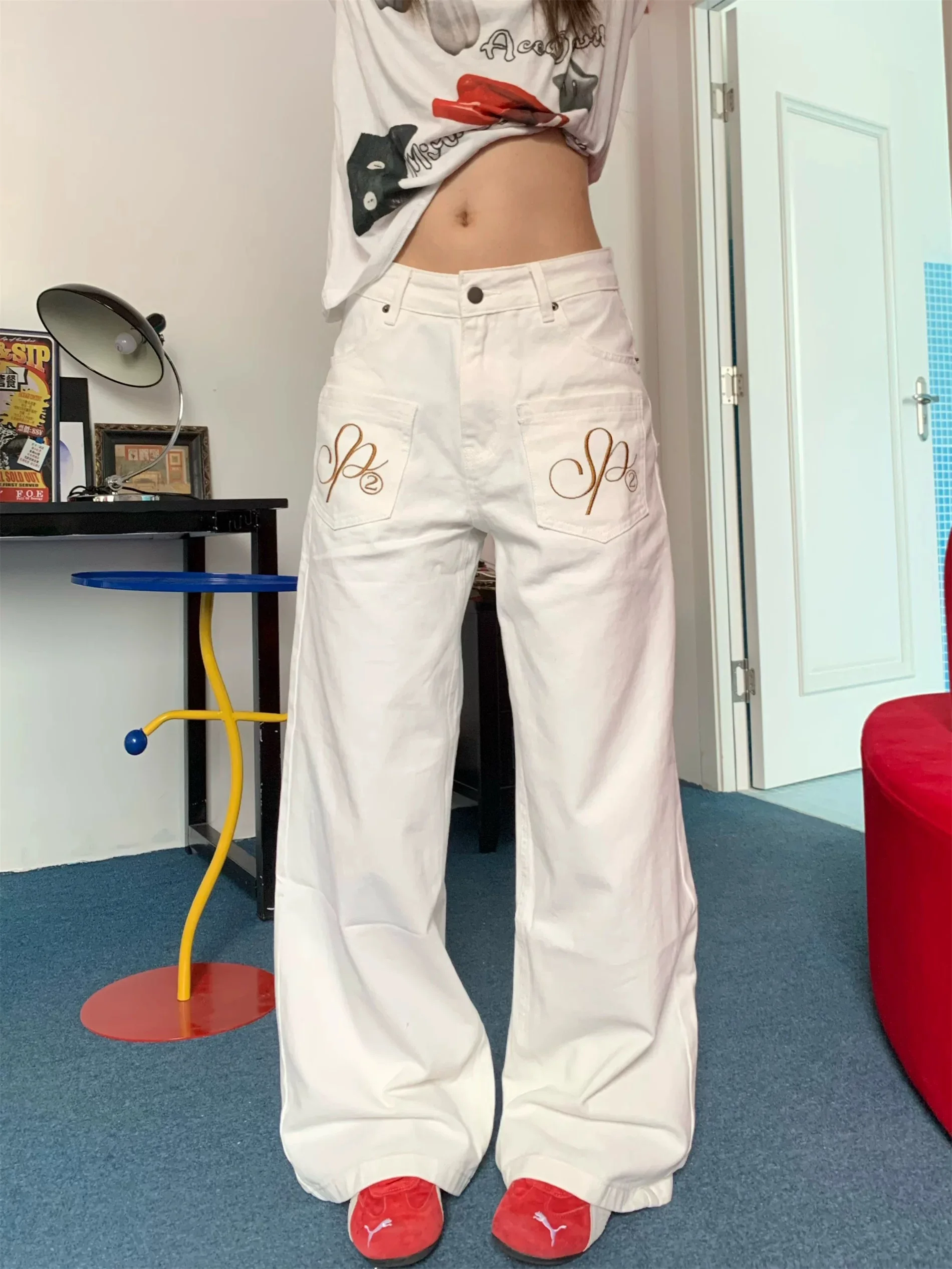 

Y2K White Jeans Women American Reverse Embroidered Letter Loose Wide Leg Straight Casual