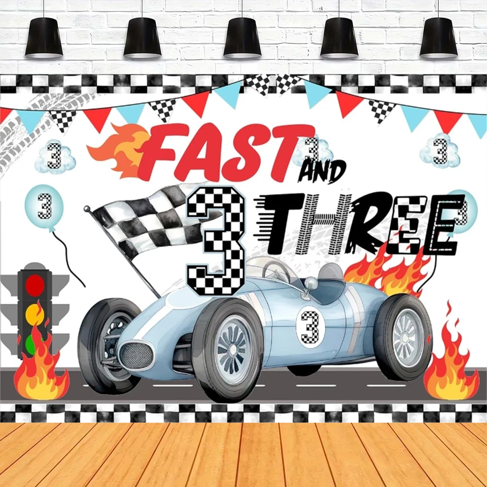 Photography Backdrop Race Car Themed 3rd Birthday Banner Racing Themed Supplies Fast & Three Race Car Birthday Banner Decor