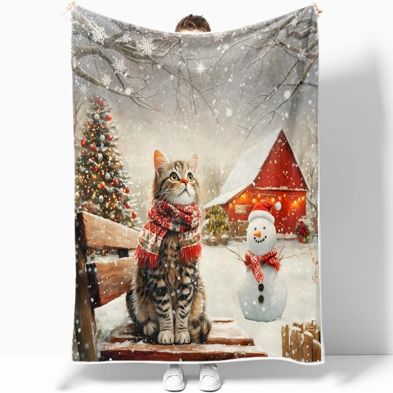 

Зимнее рождественское одеяло, зимние праздничные рождественские одеяла со снежинками, милый кот со снеговиком, праздничное рождественское одеяло, супер