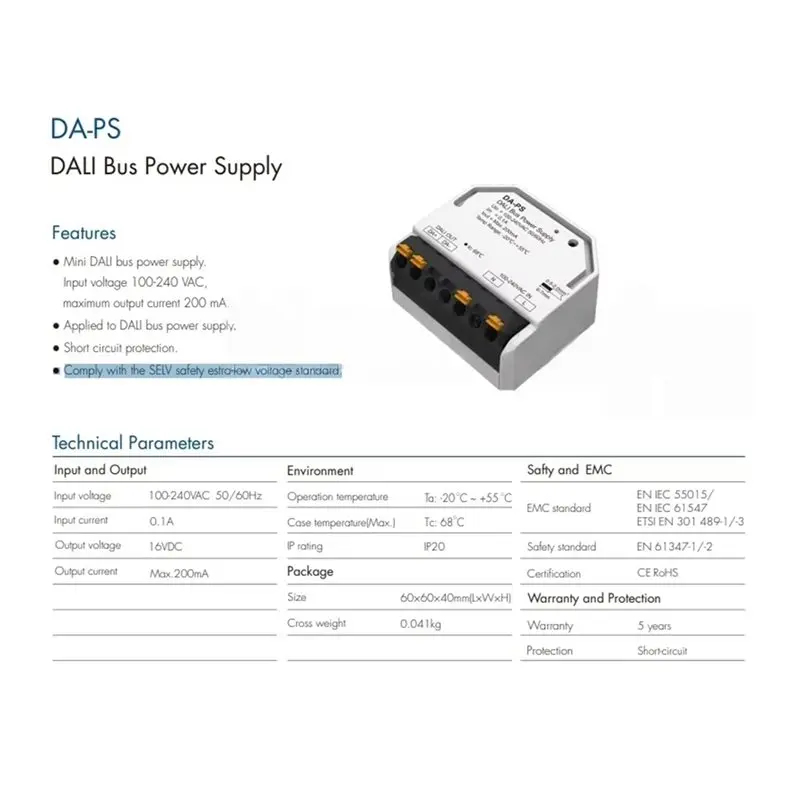 AT41 For DALI Bus Power Supply Current 200Ma Da-PS Mini AC110V 220V 230V SELV Safety Standard