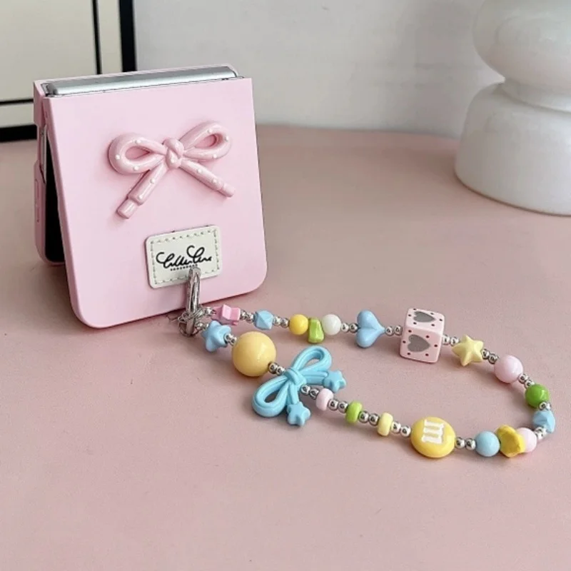 

For Samsung Galaxy Z Flip 7 zflip6 Flip5 Flip4 3 Ins Korean Lovely 3D Bow Cover Funda Hand Chain Shell Candy Color Phone Case