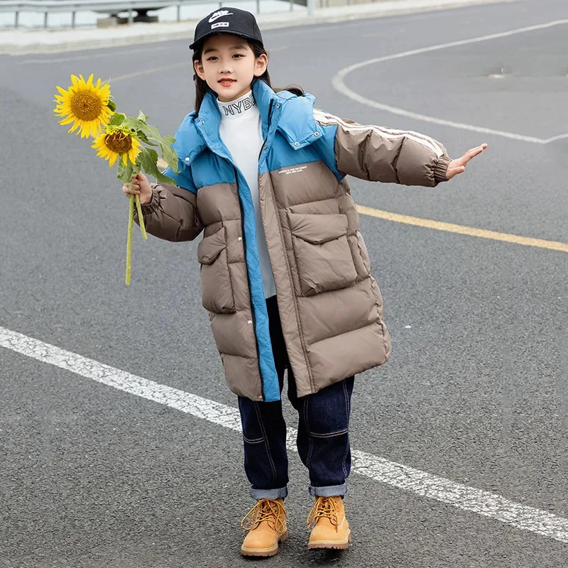 Girls Kids Boys Long Loose Thickened Duck Down Yellow Pink Black Baby Coat Teenagers Hooded Padded Jacket Clothes Winter