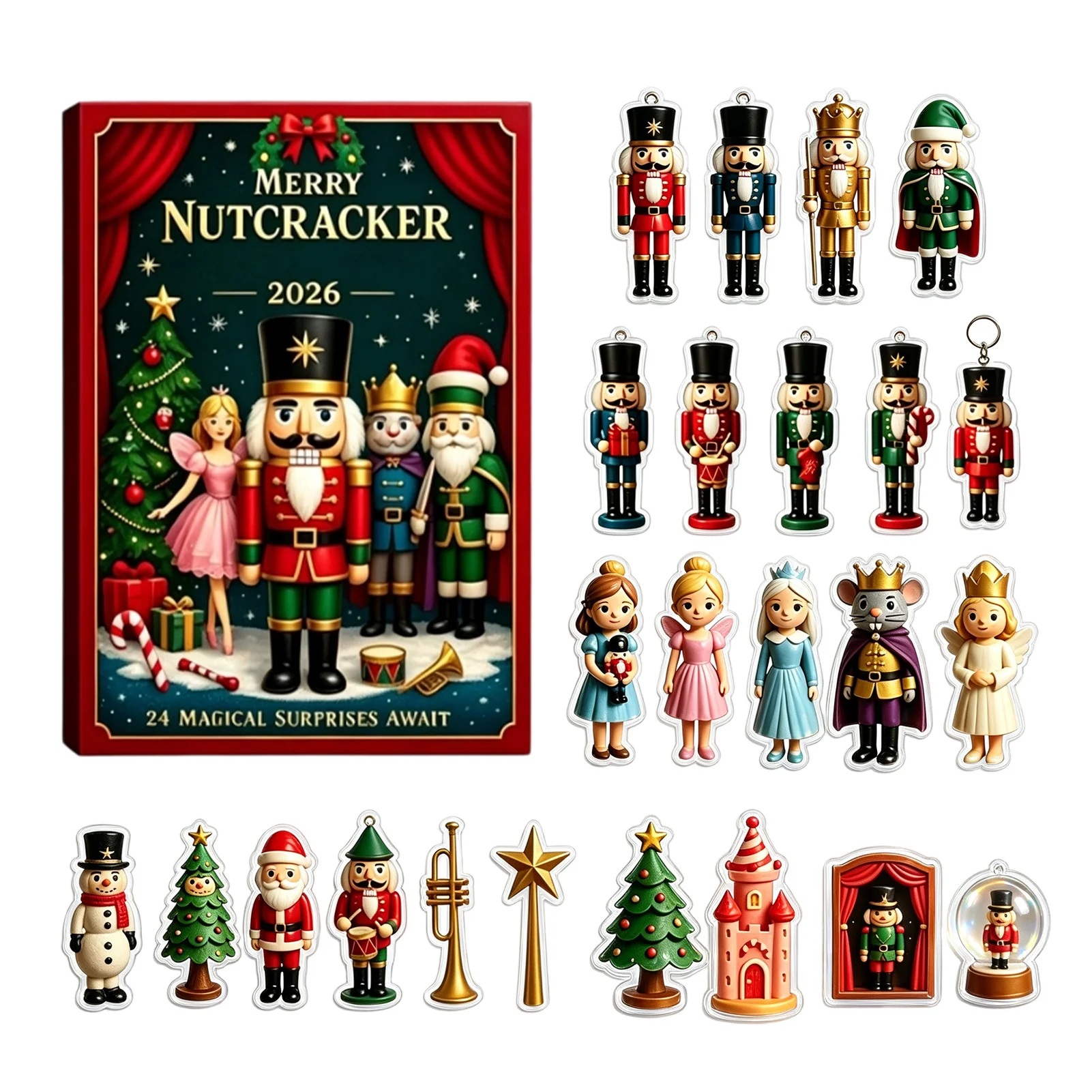 2D flacher Nussknacker Adventskalender 24 Stück Acryl 2D flacher Weihnachtsbaum Nussknacker Ornamente Weihnachts-Countdown-Kalender