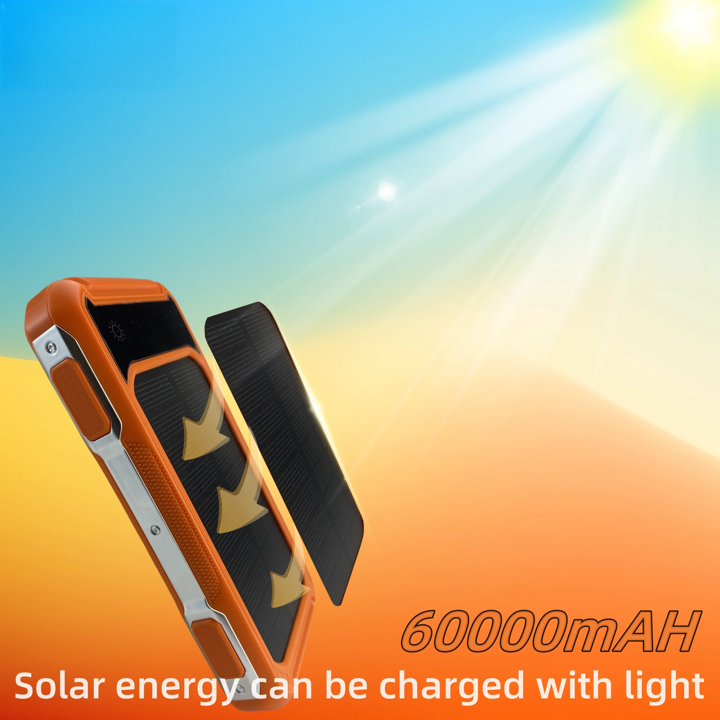 Solar power charging bank 60000 milliampere, large capacity, built-in cable, fast charging, universal mobile power supply for mo