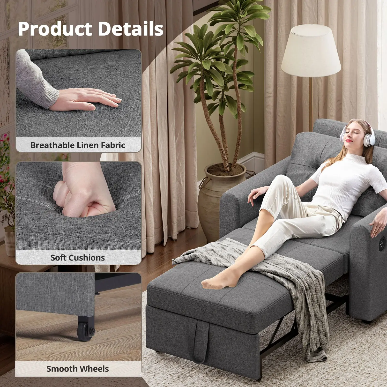 أريكة سرير، سرير أريكة فردي قابل للتحويل 3 في 1 مع منافذ USB وType-C، كرسي نوم فردي من الكتان مع جيب #4