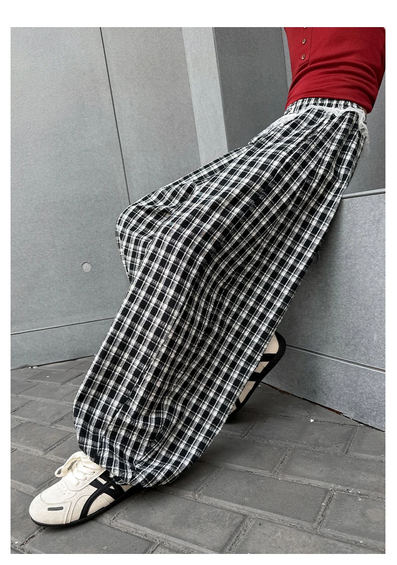 Mädchenhosen Frühling Sommer 2026 Minimalistische Süße Lässige Karierte Weite Hosen mit Elastischem Bund und Spitzenrüschen Kinderkleidung – Detail 2