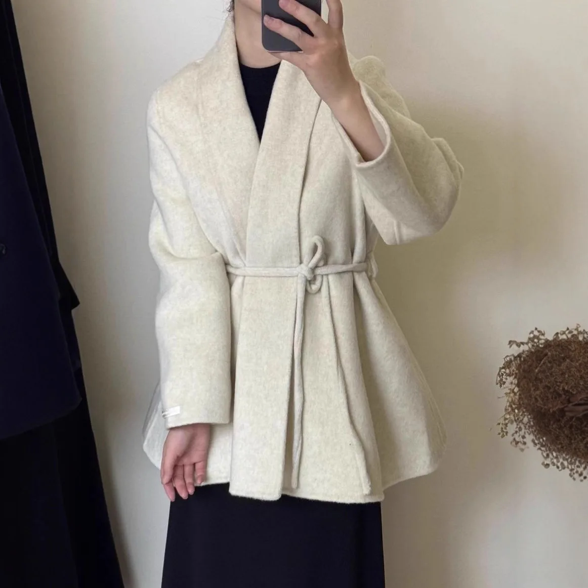 

Minimalist Irregular Wool Coat Lazy Style High-end Temperament Lace Up Trench Jacket Double-sided Woolen Coat