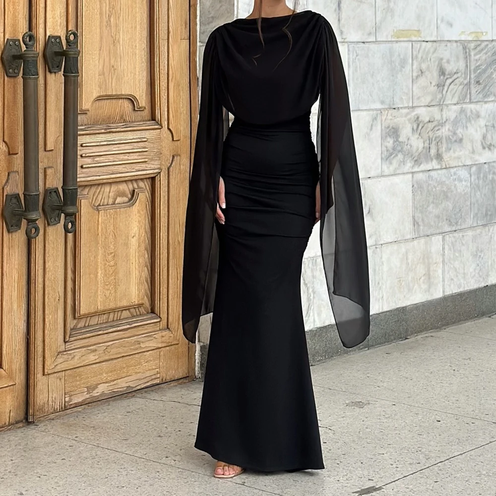 

Customized A-line Evening Dresses Floor-length Boat Neck Sleeveless Prom Gown Fashion Stole Simple Draepd Casual Party Gown