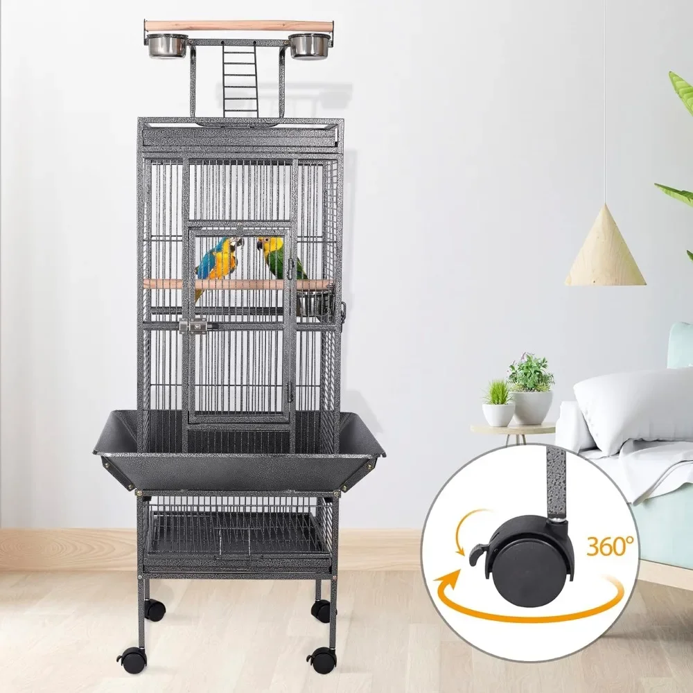 

63 Inch Wrought Iron Large Bird Flight Cage with Rolling Stand for African Grey Parrot Cockatiel Sun Parakeet Lovebird Canary