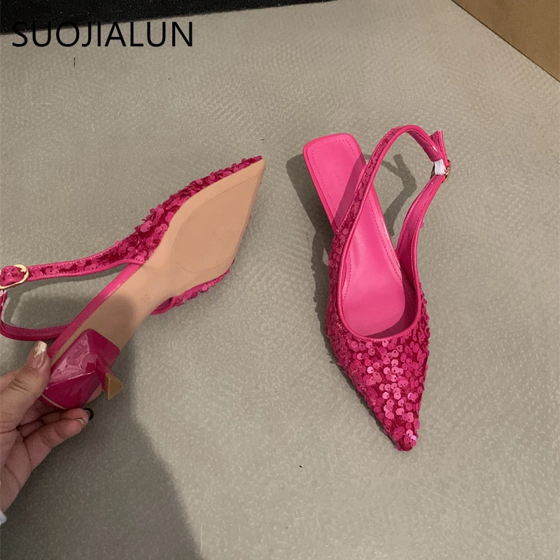 SUOJIALUN 2023 New Bling Women Sandal Fashion Pointed Toe Shallow Slip On Ladies Elegant Slingback Shoes Med Heel Pumps Shoes