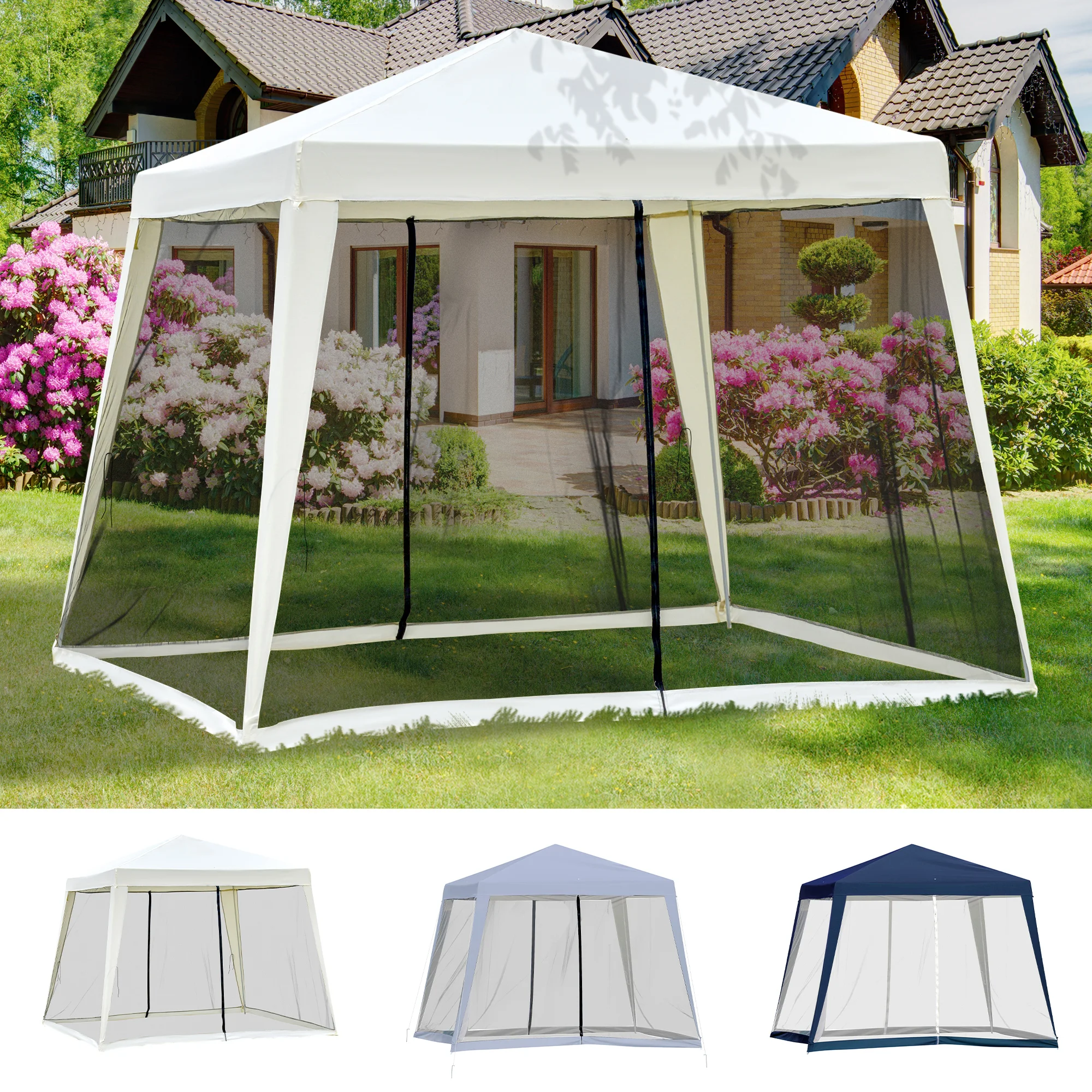 Outsunny 3x3 m garden tent 4 side gazebo mosquito net with zipper UV protection for Patio events Party