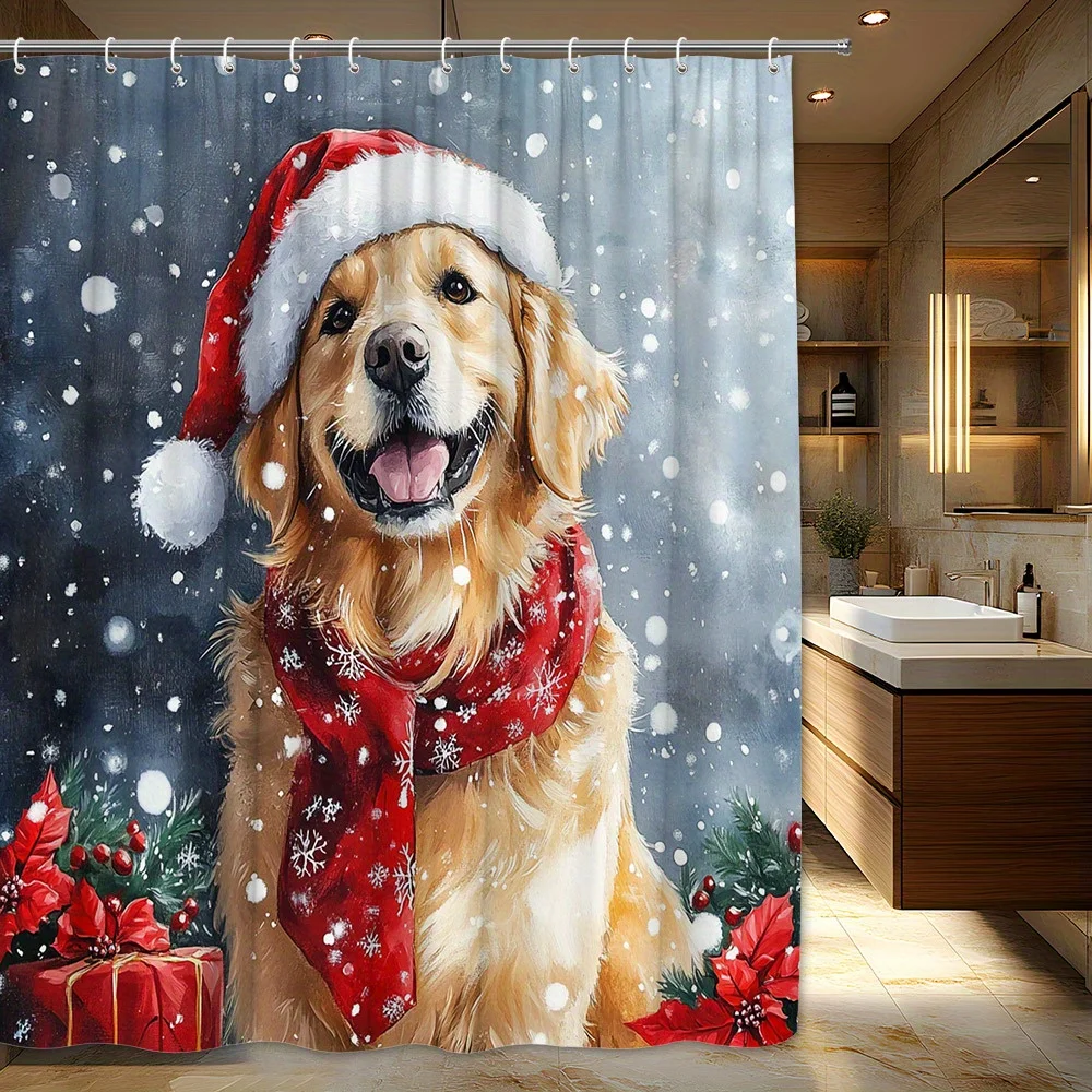 1pc 2D Flat Shower Curtain, Golden Retriever Santa Hat Poinsettias Snowy Background Printed Shower Curtain, Decor for Bathroom