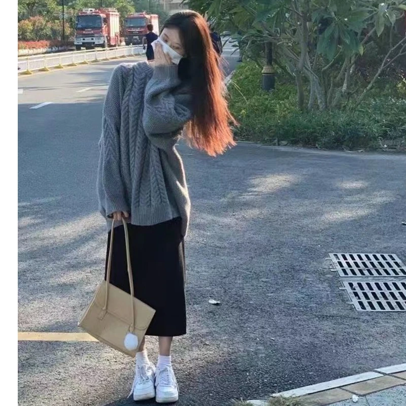 Women Autumn Winter Loose Sweater Knit Skirts 1 or 2 Piece Set 2023 Korean Lady Casual Daily Simple Pure Color Tops Skirts Suits
