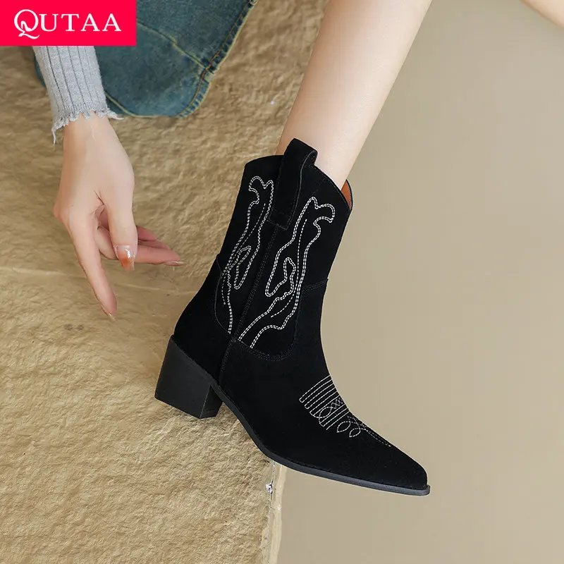 

QUTAA 2025 News Women Ankle Boots Autumn Leather Western Cowboy Short Boots Winter Shoes High heel Cowgirl Woman Black 34-41