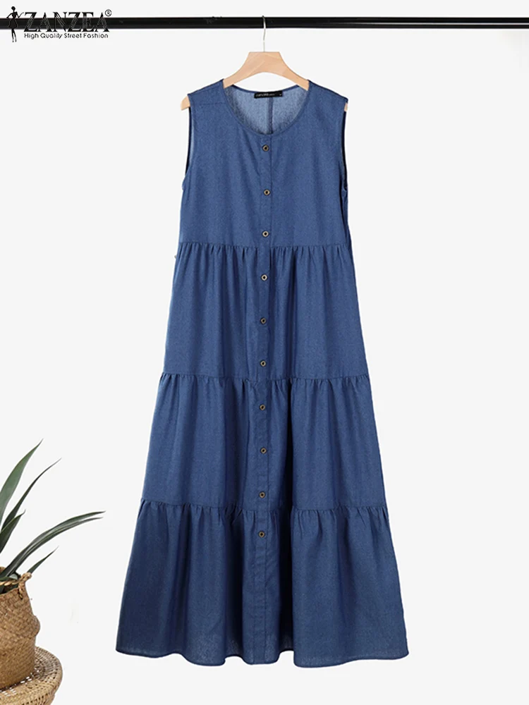 Summer Elegant Overalls Dress ZANZEA Woman Sleeveless Holiday Maxi Robe Solid Denim Blue Vestidos Muslim Abaya Hijab Dresses