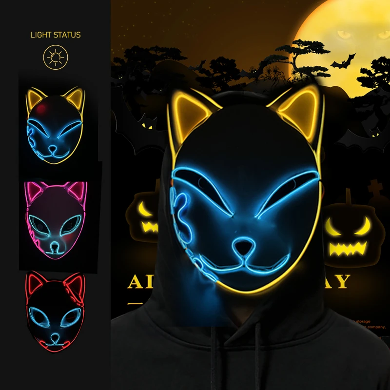قناع وجه القط المتوهج LED ، تأثيري رائع ، قاتل الشياطين النيون ، أقنعة الثعلب ، عيد الهالوين ، هدية عيد الميلاد ، حفلة كرنفال ، ديكور تنكري