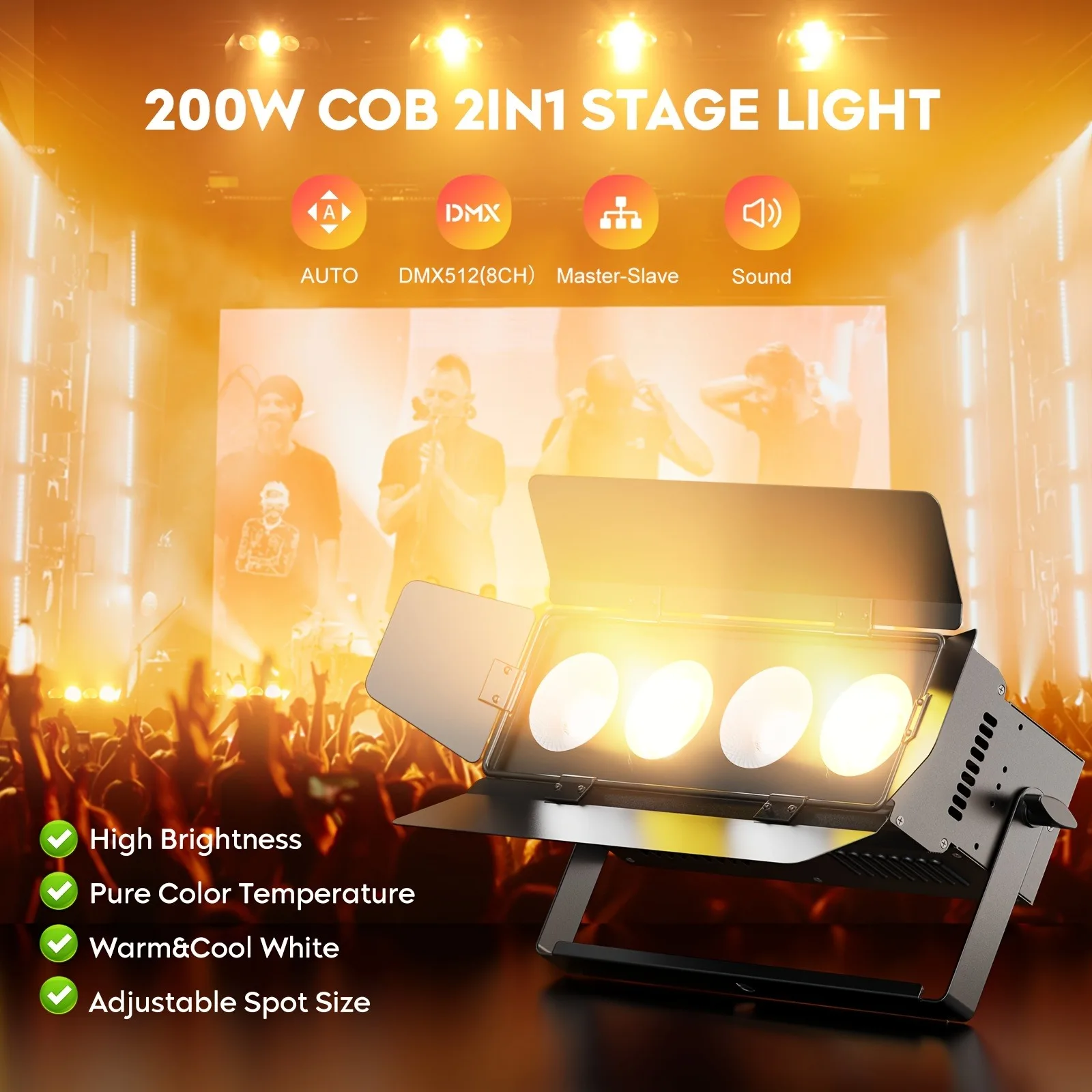 200W Cob 2-in-1 Led Par Light Spotlight with Barn Door, Warm White Cold White Par Light Stage Light Dmx512 Sound Control Dj Light Suitable for Stage Parties Concerts Churches Weddings Theaters