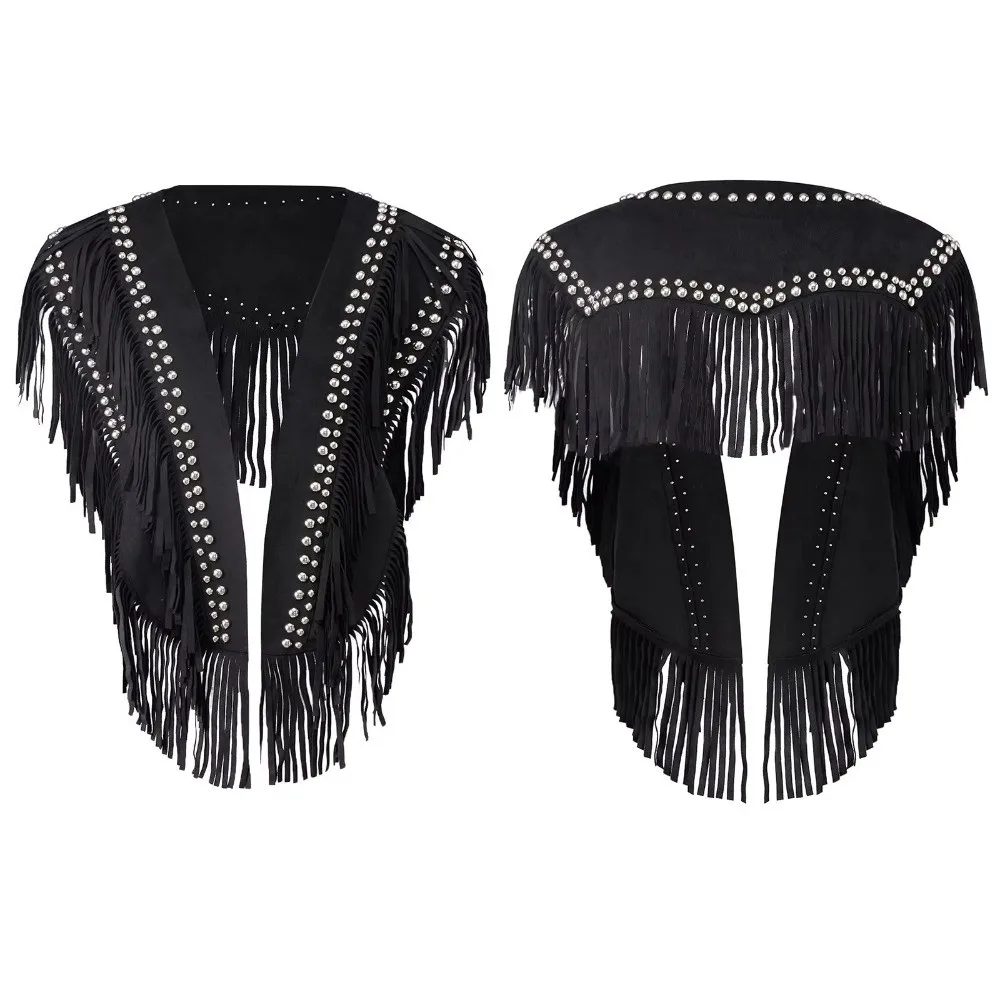 Vintage Faux Suede Sleeveless Vest Tassel Fringe Open Front Boho Cardigan Shawl Collar Studded Cowgirl Jacket 70s Hippie Outfits