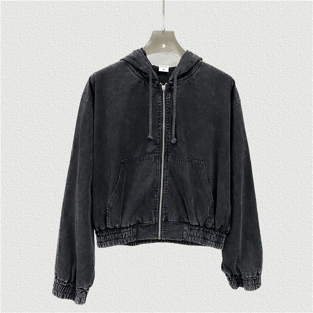 Retro 2023 Distressed Zipper Jacket Women Washed Heavy Cotton Hooded Coat Short-Length Styling