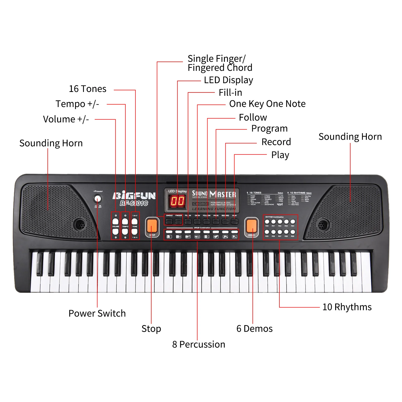 BIGFUN 61 teclas, órgano electrónico recargable, Piano eléctrico para niños con micrófono, teclado electrónico de música Digital negro