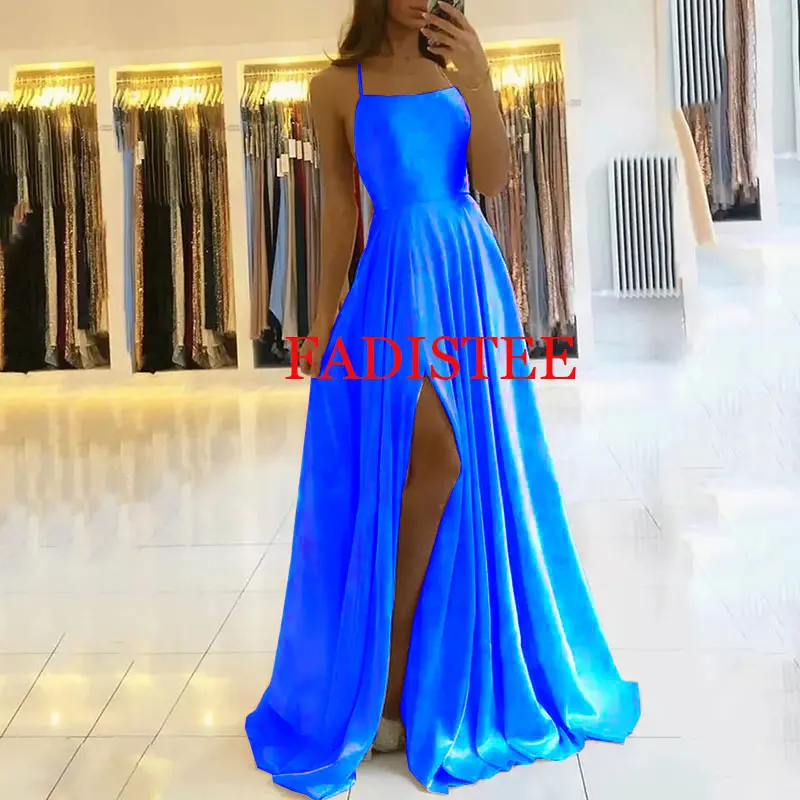 Novo estilo de cetim vestidos de baile alças espaguete dividir vestidos de noite vestidos de fiesta a linha longo vestidos formais roupões de soirée