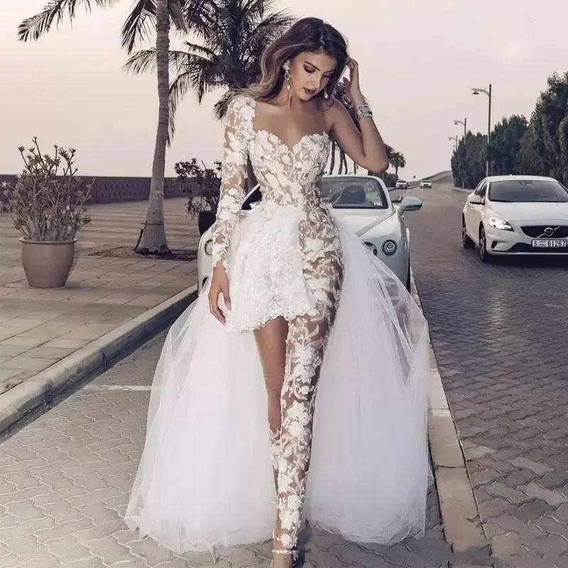 Jumpsuit Wedding Dresses Sheath Sweetheart Long Sleeves Tulle Lace Arabic Wedding Gown Bridal Dress Vestido De Noiva Customized